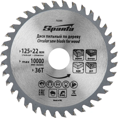 Пильный диск по дереву Sparta 732395, ф125 х 22 мм, 36 зубьев