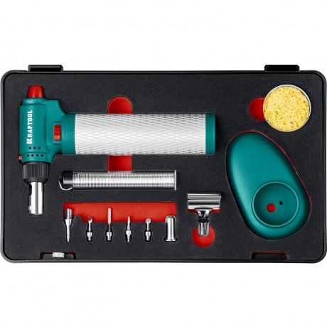 Газовый паяльник KRAFTOOL Multi torch, 30 - 150 Вт, 1300°С, набор 8 в 1: горелка, фен, пьезоподжиг, (55506-H8)