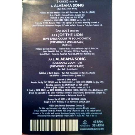 Виниловая пластинка Bowie, David, Alabama Song (40Th Anniversary) (barcode 0190295356286) - фото 5