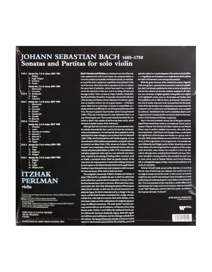 0190295148096, Виниловая Пластинка Itzhak Perlman, Bach, Js: Complete Sonatas &amp; Partitas For Solo Violin - фото 2