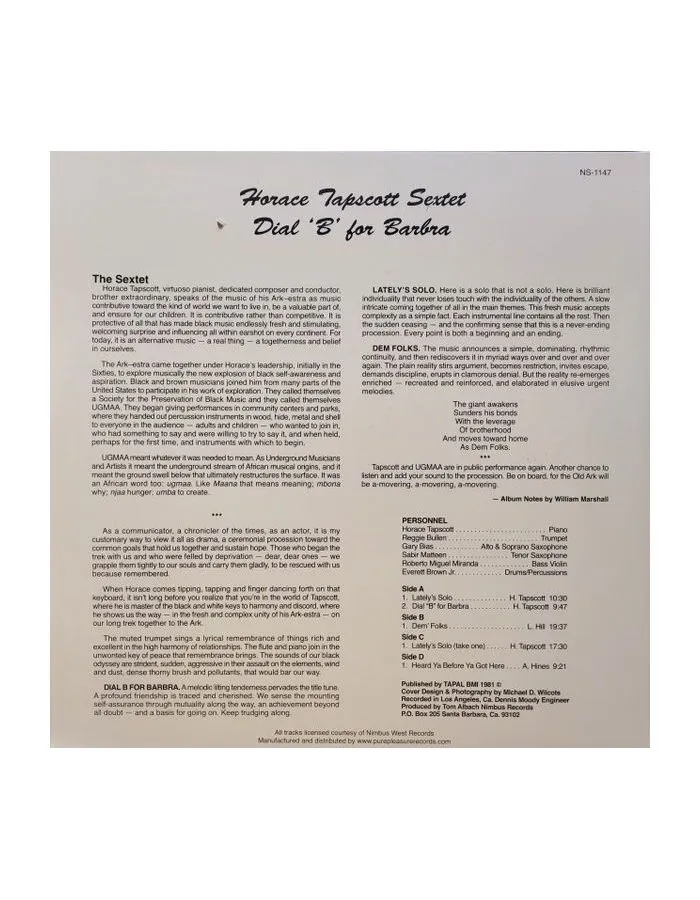 5060149623374, Виниловая пластинкаTapscott, Horace, Dial ‘B’ For Barbra (Analogue) - фото 4