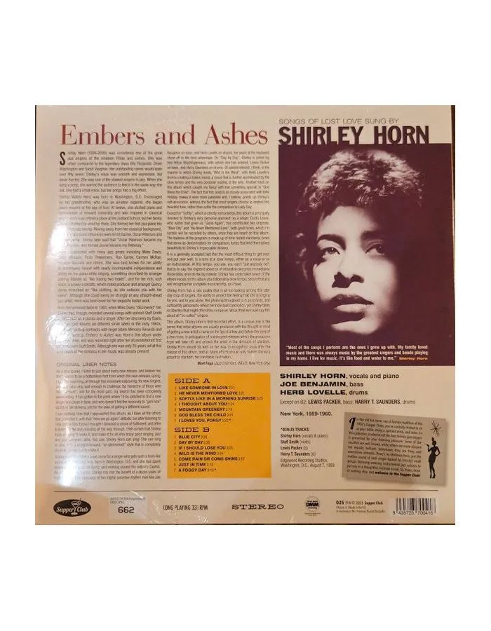 Виниловая пластинка Horn, Shirley, Embers And Ashes - Songs Of Lost Love Sung (8435723700418) - фото 2