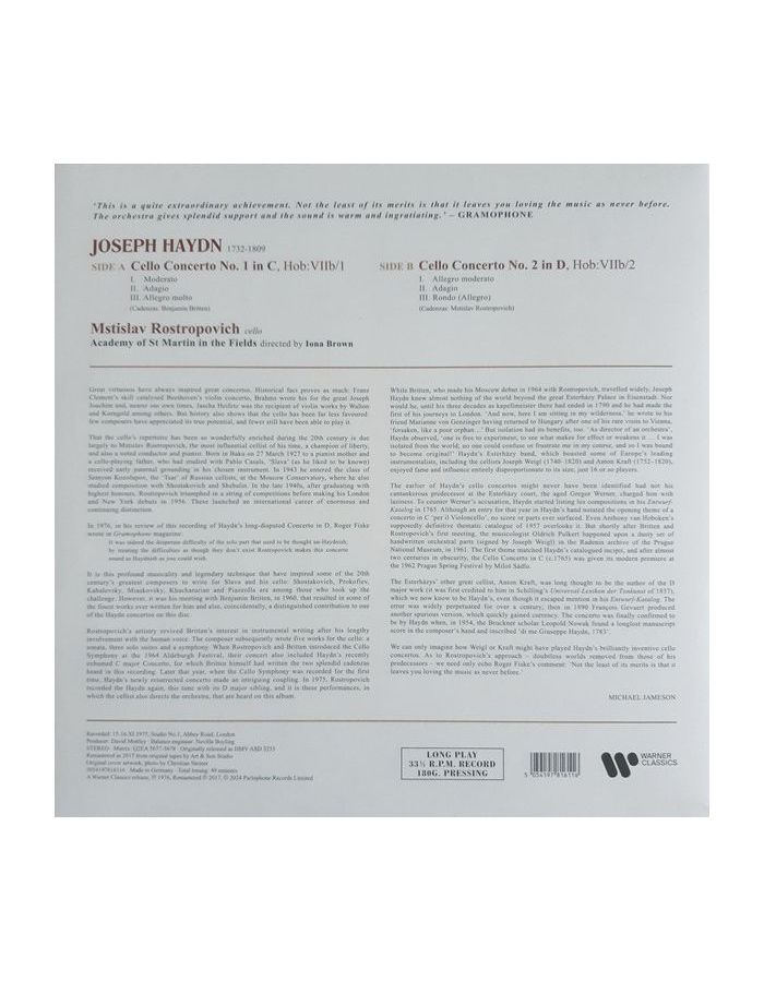 Виниловая пластинка Rostropovich, Mstislav, Haydn: Cello Concertos (5054197816116) - фото 2