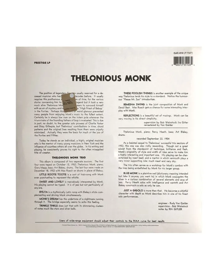 0888072351264, Виниловая пластинка Monk, Thelonious, Thelonious Monk Trio - фото 2