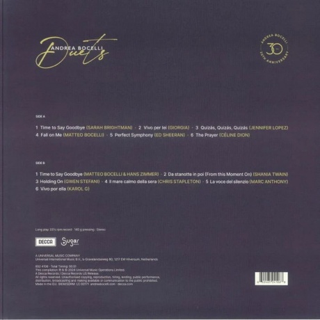 Andrea Bocelli - Duets (0602465241068) виниловая пластинка - фото 2