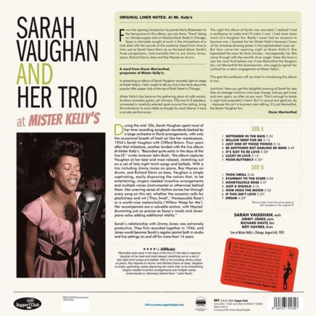 Sarah Vaughan - At Mister Kellys (8435723701316) виниловая пластинка - фото 2
