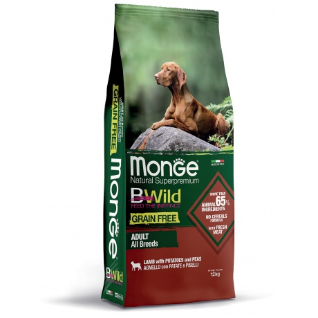 Корм сухой Monge Dog BWild GRAIN FREE беззерновой  из мяса ягненка с картофелем для взрослых собак всех пород 12 кг - фото 1