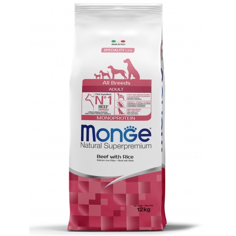 Корм сухой Monge Dog Monoprotein All Breeds Beef and Rice  для собак всех пород говядина с рисом 12 кг - фото 1