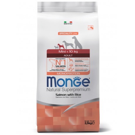 Корм сухой Monge Dog Monoprotein Mini  для взрослых собак мелких пород лосось с рисом 2,5 кг - фото 1