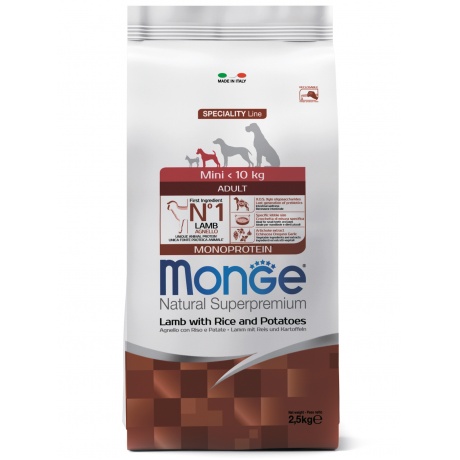 Корм сухой Monge Dog Monoprotein Mini  для взрослых собак мелких пород ягненок с рисом и картофелем 2,5 кг - фото 1