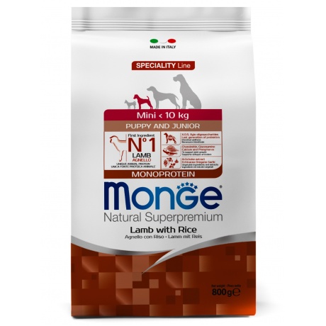 Корм сухой Monge Dog Monoprotein Mini  для щенков мелких пород ягненок с рисом и картофелем 800г - фото 1