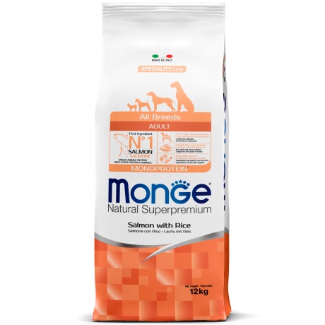 Корм сухой Monge Dog Monoprotein  для собак всех пород лосось с рисом 12 кг - фото 1