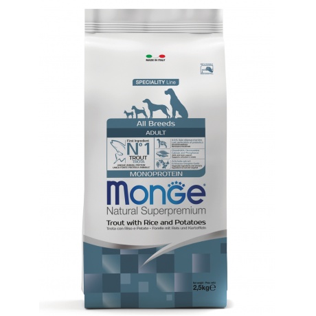 Корм сухой Monge Dog Monoprotein  для собак всех пород форель с рисом и картофелем 2,5 кг - фото 1