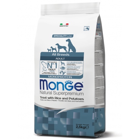 Корм сухой Monge Dog Monoprotein  для собак всех пород форель с рисом и картофелем 2,5 кг - фото 3