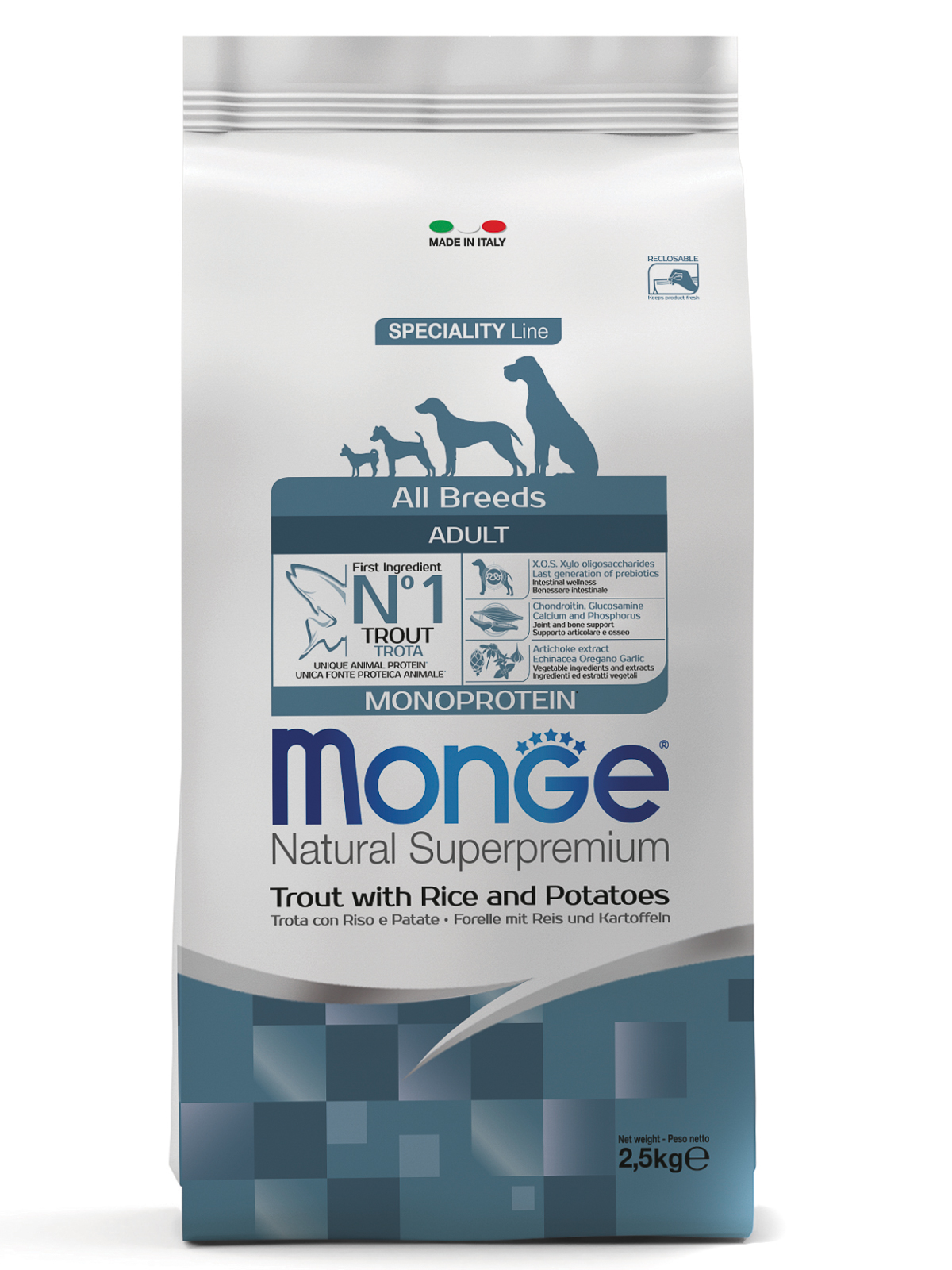 Корм сухой Monge Dog Monoprotein  для собак всех пород форель с рисом и картофелем 2,5 кг