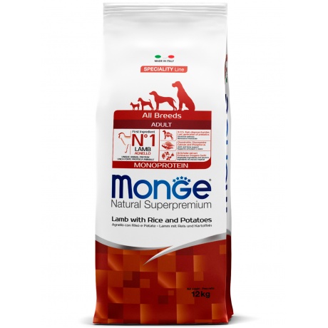Корм сухой Monge Dog Monoprotein  для собак всех пород ягненок с рисом и картофелем 12 кг - фото 1