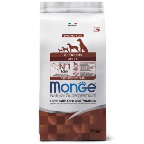 Корм сухой Monge Dog Monoprotein  для собак всех пород ягненок с рисом и картофелем 2,5 кг - фото 1