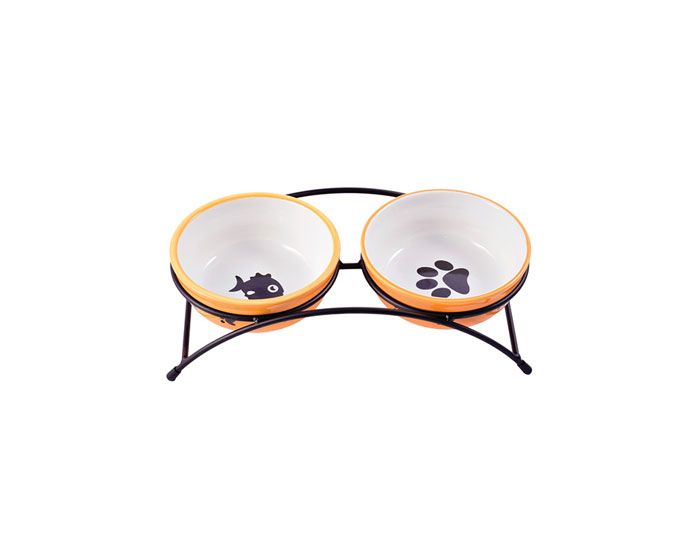 КерамикАрт миски на подставке для собак и кошек двойные 2x290 мл оранжевые - фото 1