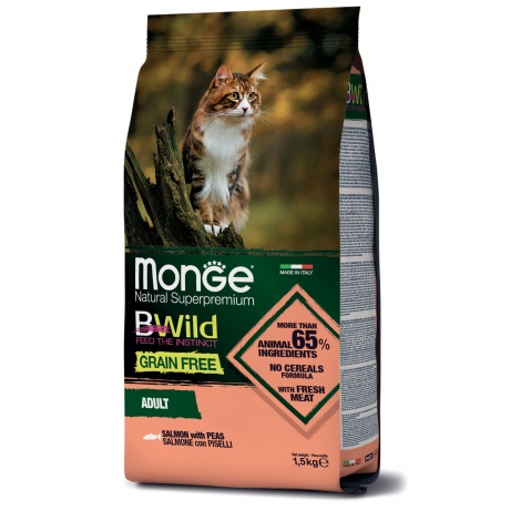 Корм сухой Monge Cat BWild GRAIN FREE беззерновой  из лосося для взрослых кошек 1,5 кг - фото 2