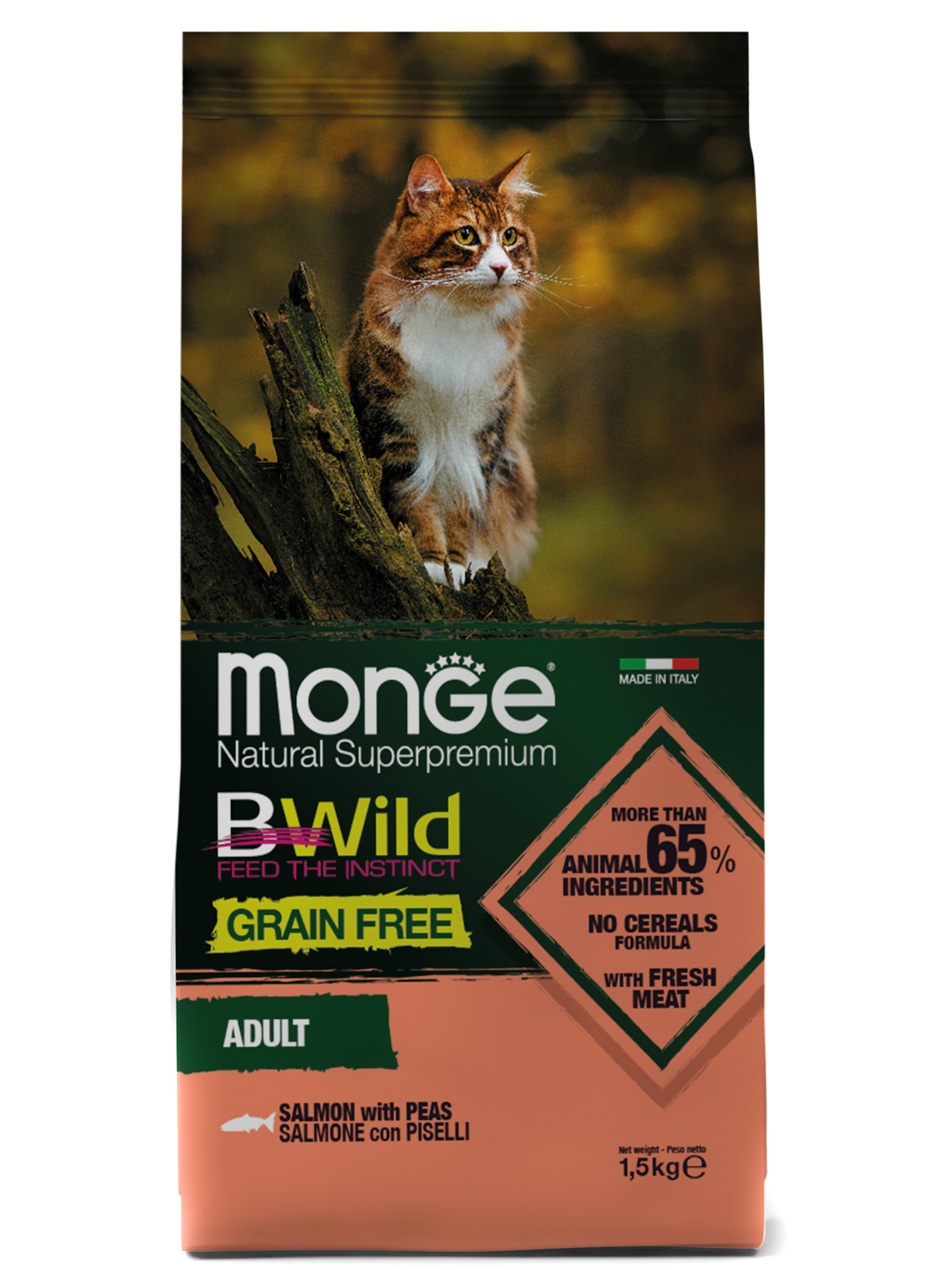 Корм сухой Monge Cat BWild GRAIN FREE беззерновой  из лосося для взрослых кошек 1,5 кг