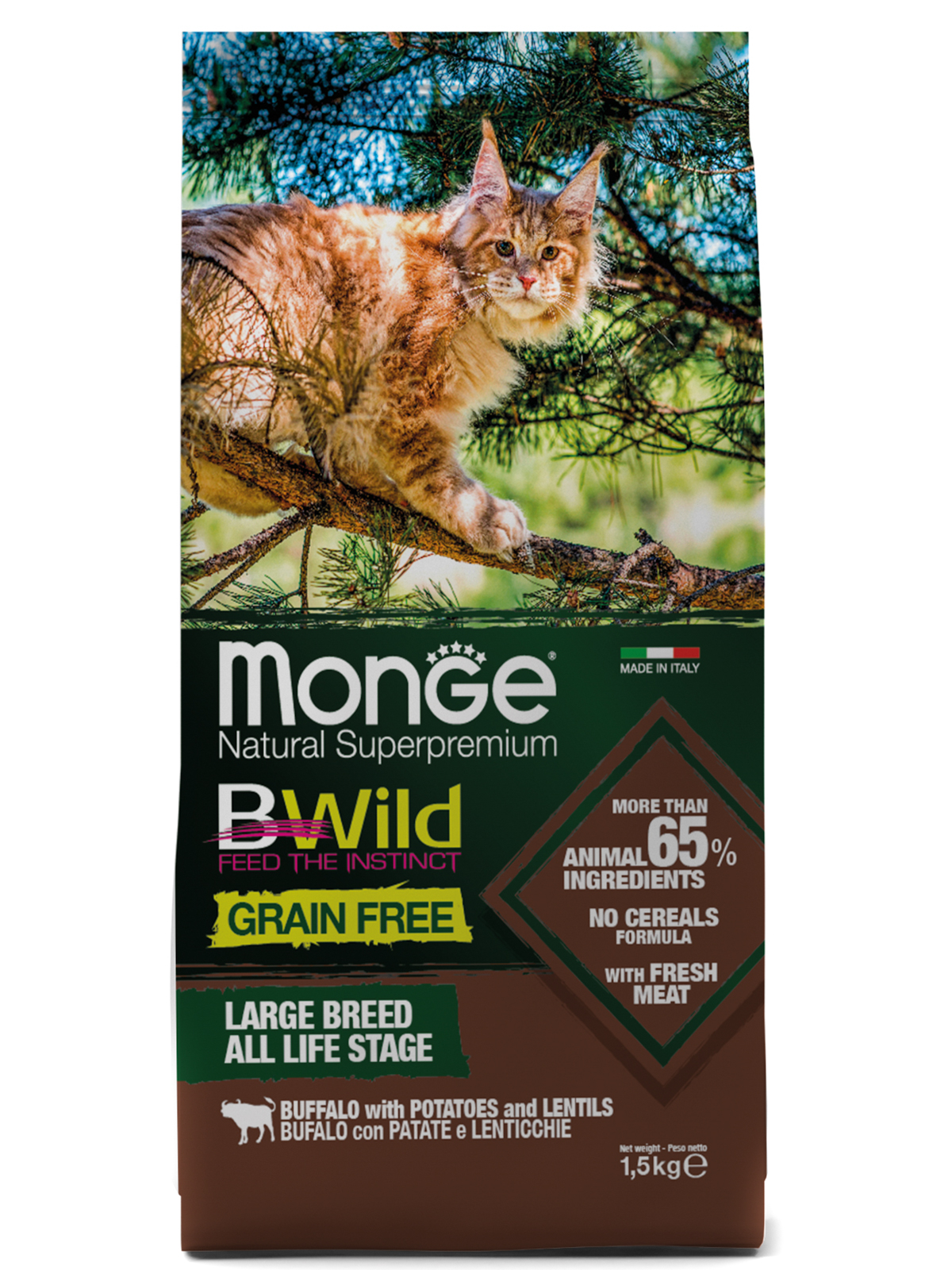 Корм сухой Monge Cat BWild GRAIN FREE беззерновой  из мяса буйвола для крупных кошек всех возрастов 1,5 кг
