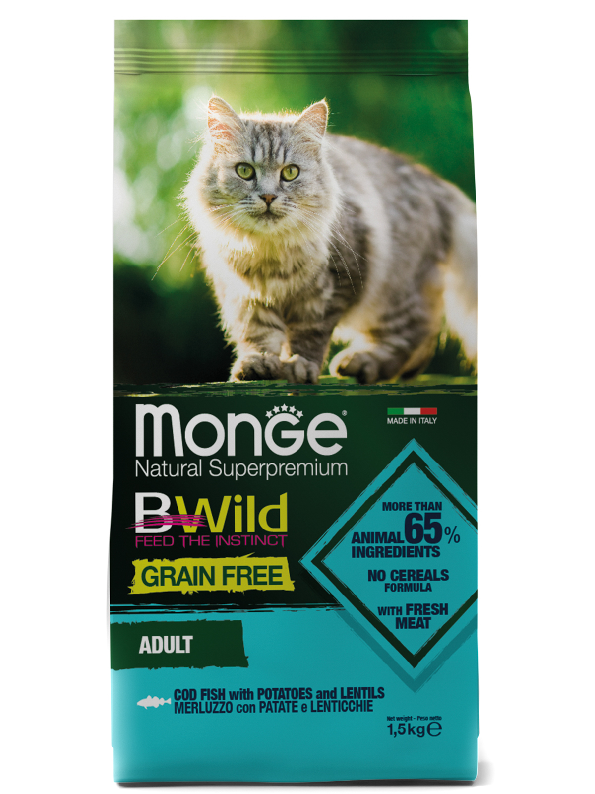 Корм сухой Monge Cat BWild GRAIN FREE беззерновой  из трески для взрослых кошек 1,5 кг