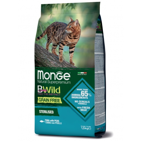 Корм сухой Monge Cat BWild GRAIN FREE беззерновой  из тунца для стерилизованных кошек 1,5 кг - фото 2