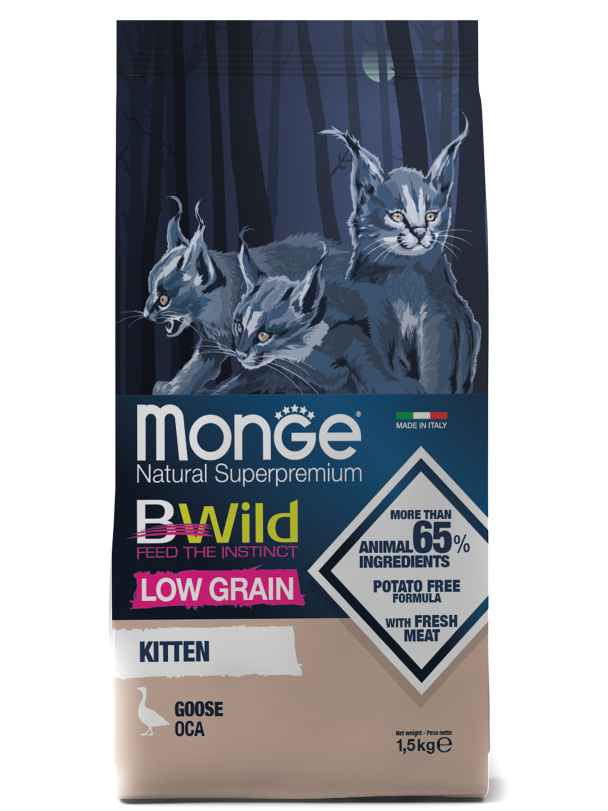 Корм сухой Monge Cat BWild LOW GRAIN Kitten низкозерновой  из мяса гуся для котят 1,5 кг