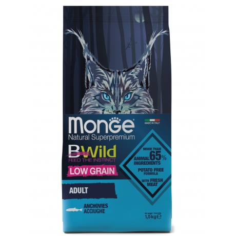 Корм сухой Monge Cat BWild LOW GRAIN низкозерновой  из анчоуса для взрослых кошек 1,5 кг - фото 1