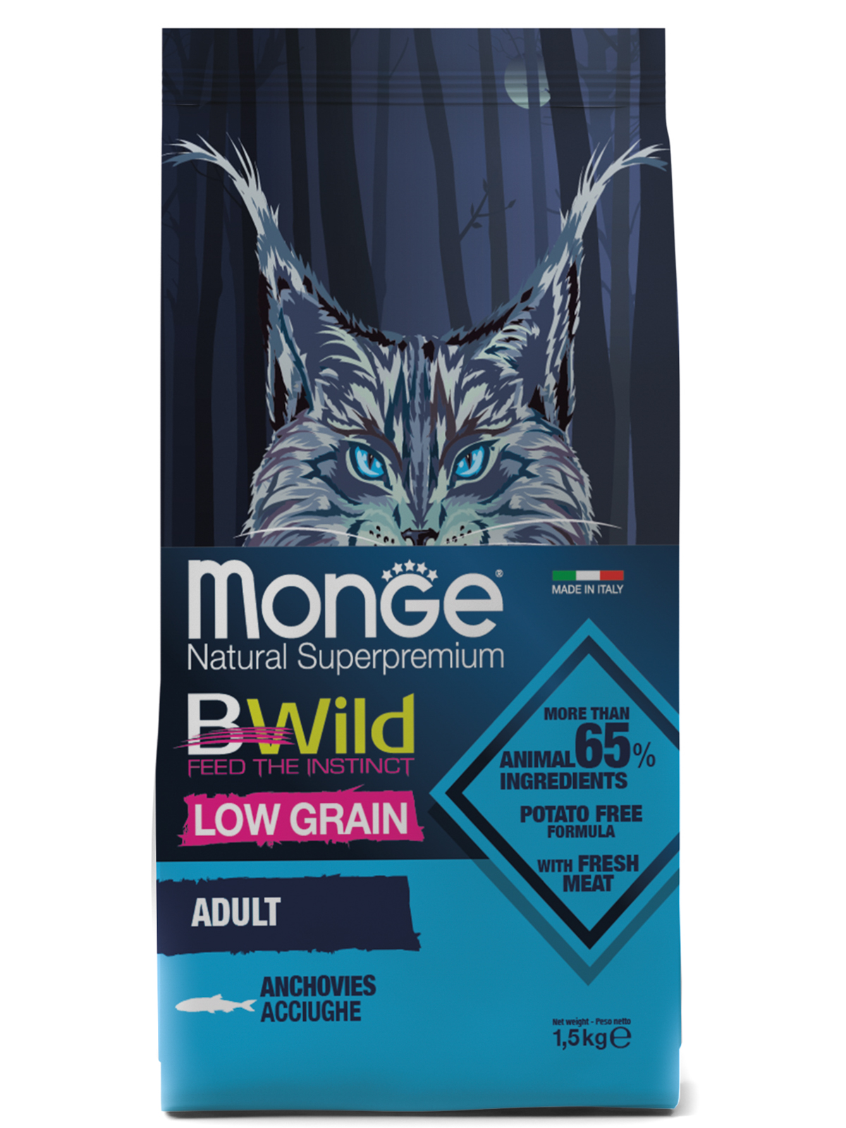 Корм сухой Monge Cat BWild LOW GRAIN низкозерновой  из анчоуса для взрослых кошек 1,5 кг