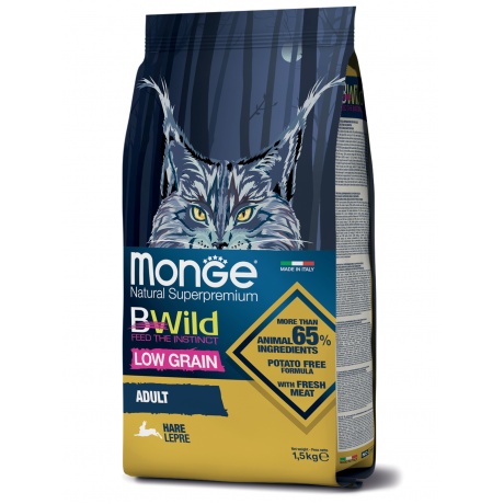 Корм сухой Monge Cat BWild LOW GRAIN низкозерновой  из мяса зайца для взрослых кошек 1,5 кг - фото 2
