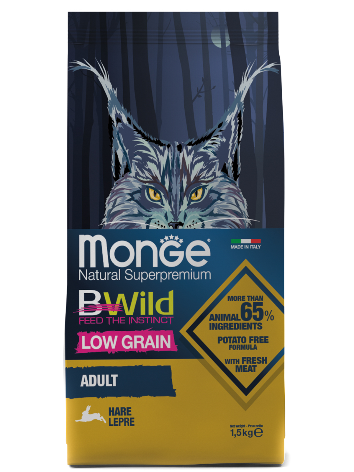 Корм сухой Monge Cat BWild LOW GRAIN низкозерновой  из мяса зайца для взрослых кошек 1,5 кг