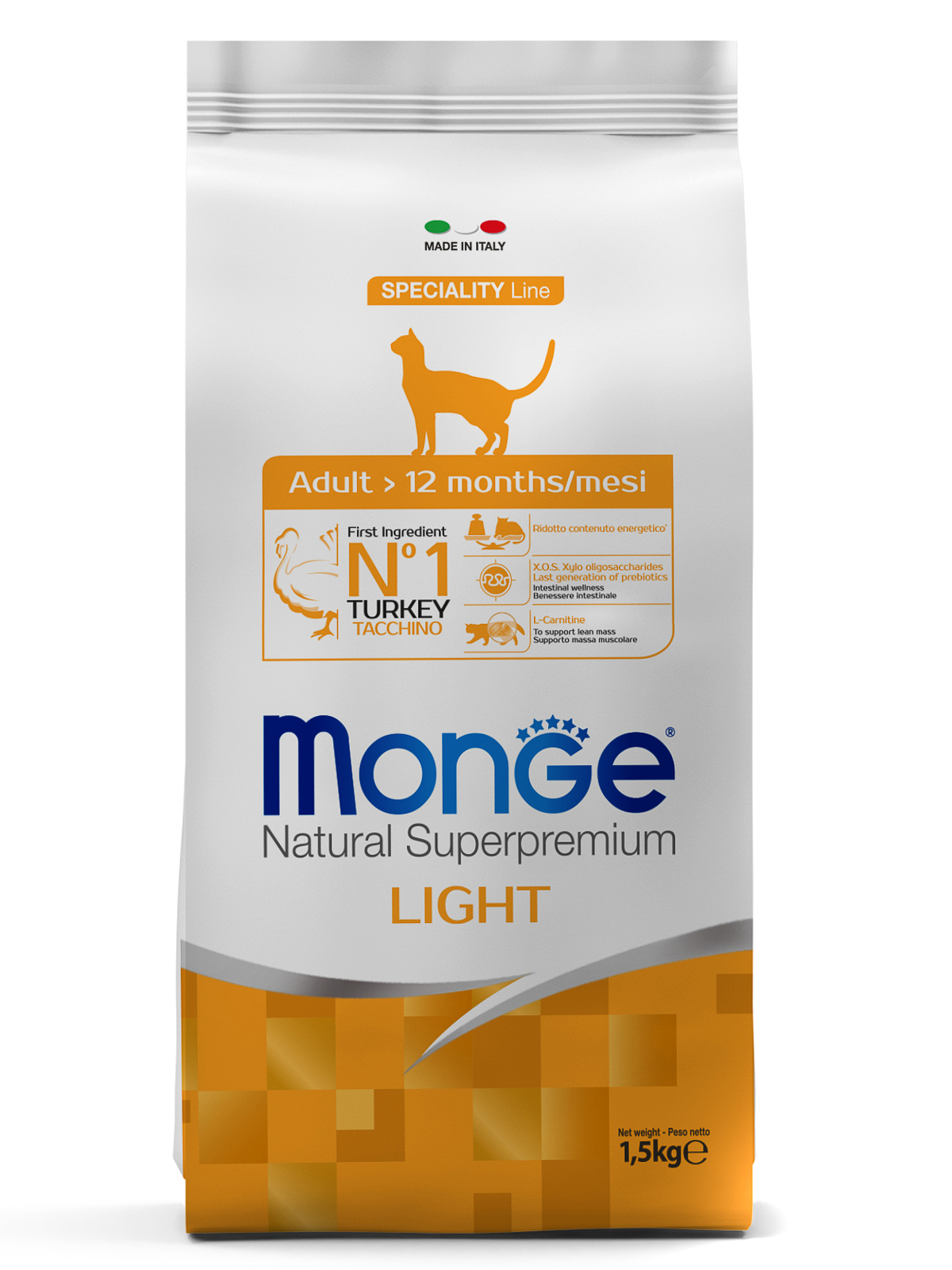 Корм сухой Monge Cat Speciality Light низкокалорийный  для кошек с индейкой 1,5 кг
