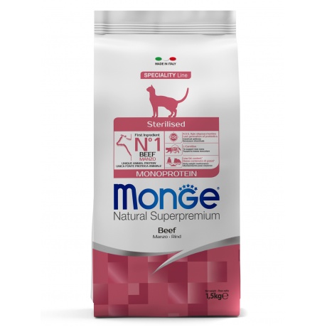 Корм сухой Monge Cat Monoprotein Sterilised Beef  для стерилизованных кошек с говядиной 1,5 кг - фото 1