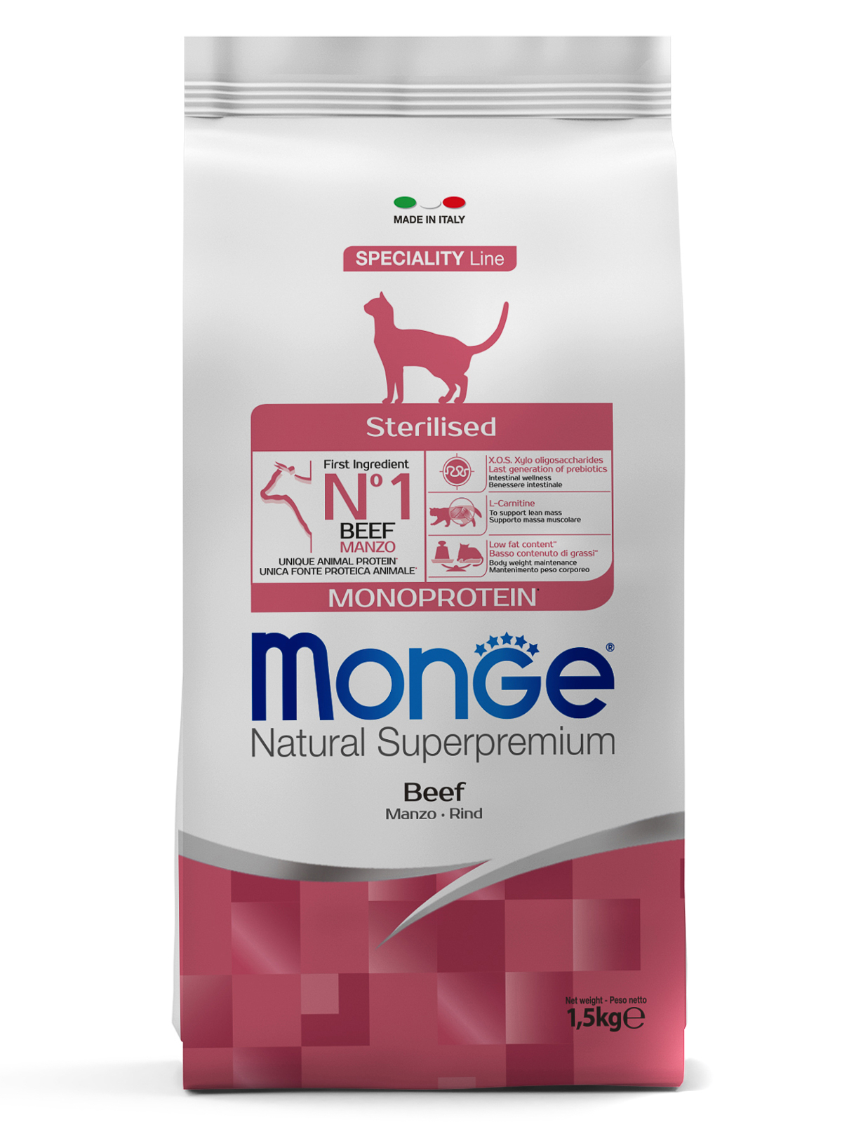 Корм сухой Monge Cat Monoprotein Sterilised Beef  для стерилизованных кошек с говядиной 1,5 кг