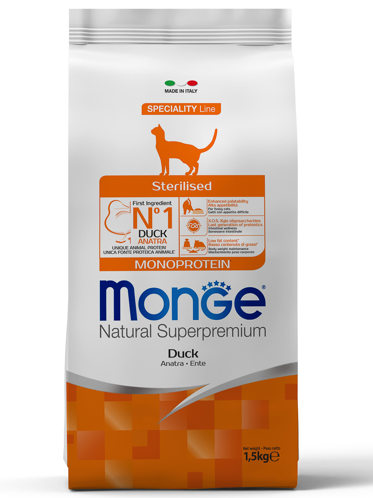 Корм сухой Monge Cat Monoprotein Sterilised Duck  для стерилизованных кошек с уткой 1,5 кг