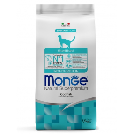 Корм сухой Monge Cat Monoprotein Sterilised Merluzzo  для стерилизованных кошек с треской 1,5 кг - фото 1