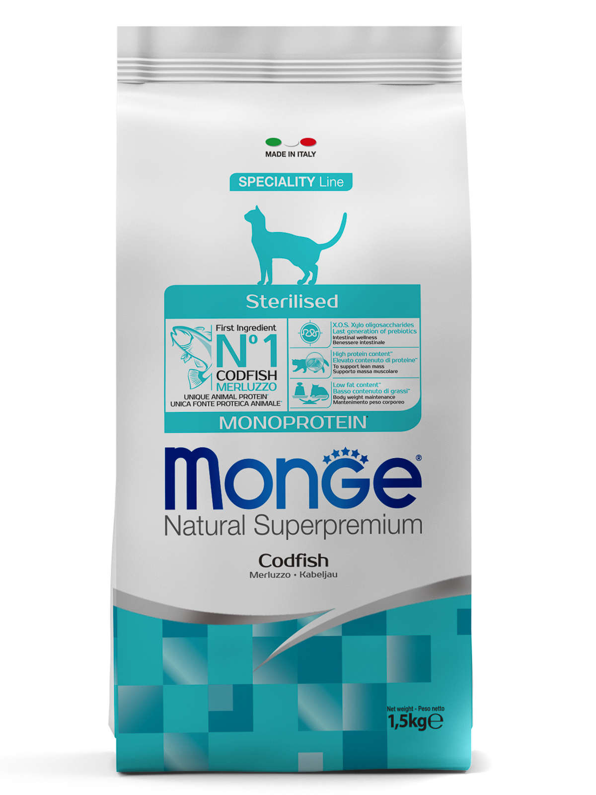 Корм сухой Monge Cat Monoprotein Sterilised Merluzzo  для стерилизованных кошек с треской 1,5 кг