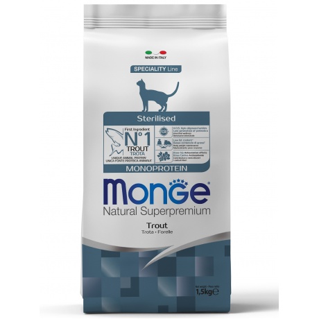 Корм сухой Monge Cat Monoprotein Sterilised Trout  для стерилизованных кошек с форелью 1,5 кг - фото 1