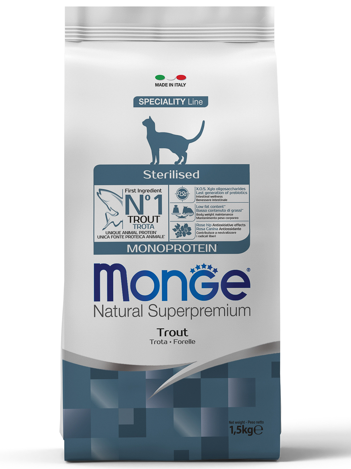 Корм сухой Monge Cat Monoprotein Sterilised Trout  для стерилизованных кошек с форелью 1,5 кг