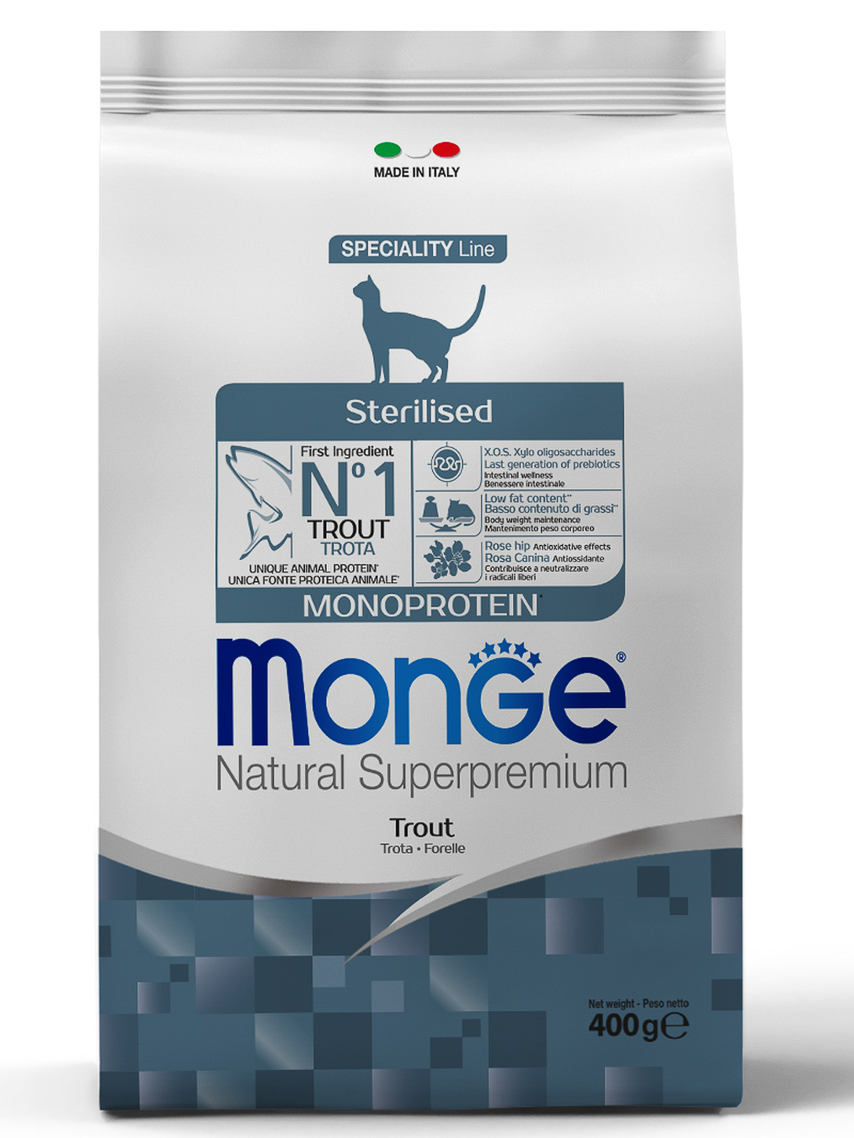 Корм сухой Monge Cat Monoprotein Sterilised Trout  для стерилизованных кошек с форелью 400г