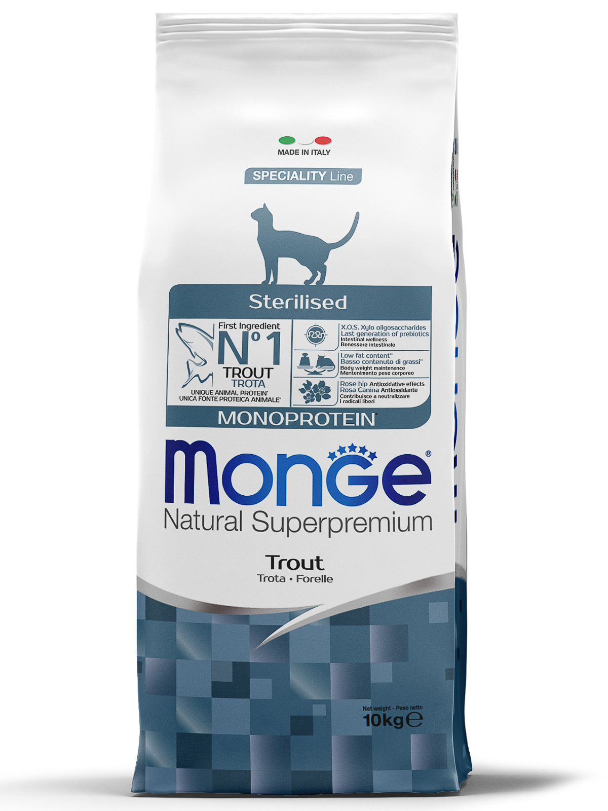 Корм сухой Monge Cat Monoprotein Sterilised  для стерилизованных кошек с форелью 10 кг