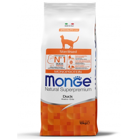 Корм сухой Monge Cat Monoprotein Sterilised  с уткой для стерилизованных кошек 10 кг - фото 1