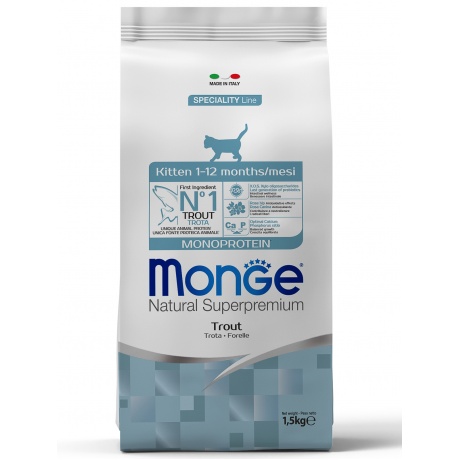 Корм сухой Monge Cat Monoprotein  для котят с форелью 1,5кг - фото 1