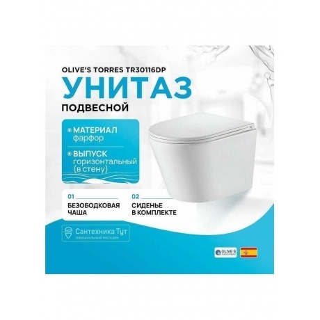 Унитаз OLIVE'S подвесной, белый, сиденье дюропласт TORRES (TR30116DP) - фото 2
