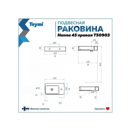 Раковина Teymi Hanna 45 правая, подвесная, белая T50903 - фото 7