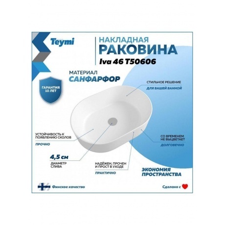 Раковина Teymi Iva 46 накладная, белая T50606 - фото 6