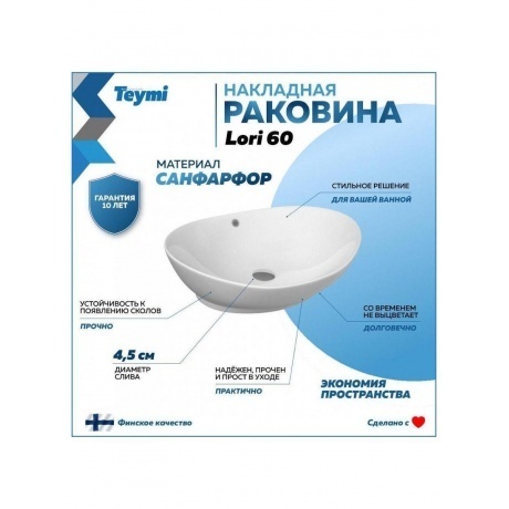 Раковина Teymi Lori 60 накладная, белая T50503 - фото 4