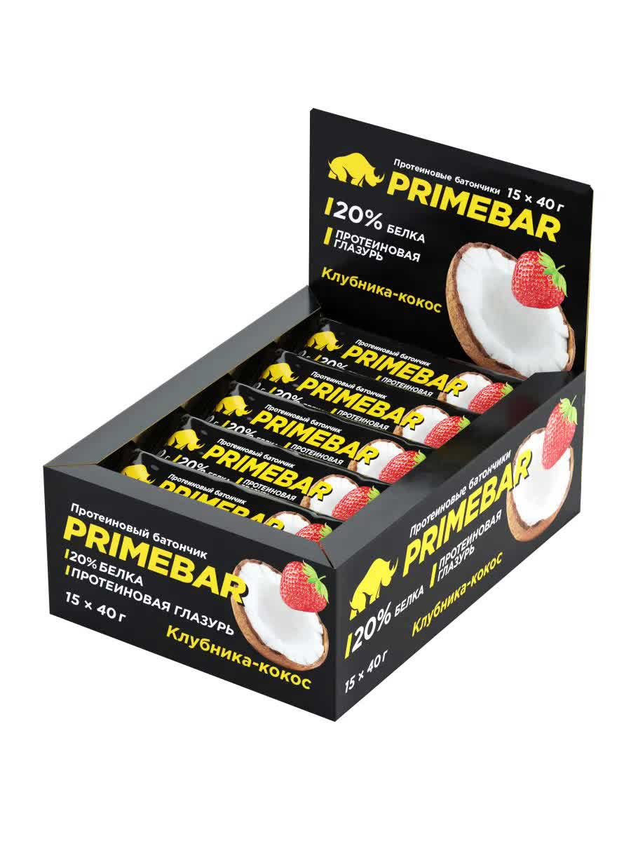 Батончик "PRIMEBAR" с содержанием протеина со вкусом  клубники и кокоса 40 гр 15шт