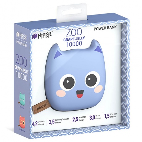 Мобильный аккумулятор Hiper Zoo Grape Jelly Li-Pol 10000mAh 2.4A+2.4A синий 2xUSB - фото 4